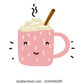 Kawaii cozy scandinavian food vector illustration. Cute smiling character. Pink cup with hot drink, cream, cinnamon. Eggnog, coffee, cocoa, milk isolated on a white background. Winter holidays element