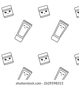 Kawaii cream bottle and jar Seamless pattern. Vector graphic line illustration. Black and white cosmetic makeup art. background for banners, print for fabric, labels, t-shirt printing.
