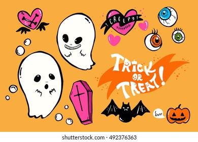 KAWAII & CREEPY Halloween Ghosts and Hearts Graphic set