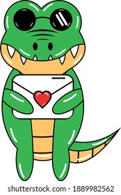 kawaii crocodile holding valentine's day letter