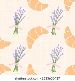 Kawaii croissant and lavender Seamless pattern with floral and French bakery elements. Hand-drawn vector on a pastel plaid background for cute textile and wrapping