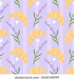 Kawaii croissant and lavender Seamless pattern with floral and French bakery elements. Hand-drawn vector on a pastel plaid background for cute textile and wrapping