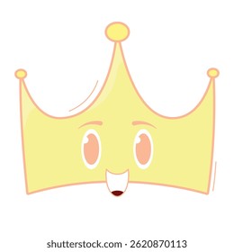 Kawaii crown character line icon in thin stroke style. Cute pastel vector symbolizing confidence, joy, and positive vibes. Perfect for stickers, digital designs, and creative decor.