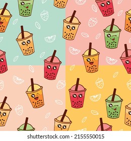 Kawaii Cup Of Bubble Tea With Fruit Flavor Illustration. Hand Drawn Vector. Seamless Pattern With Cup Of Boba On Colorful Background. Cute Face. Wallpaper, Fashion Kids, Wrapping Paper And Gift. 