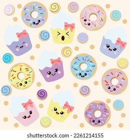 Kawaii cup cake and donut with funny faces. Cartoon food. Flat style dessert. cup cake  and donut with blank paper template. Vector illustration.