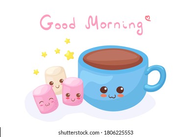 Kawaii Cup of Cocoa & Marshmallow vector characters isolated on white background. Funny smiling mug with hot chocolate. Cute food mascot illustration with lettering. Greeting card, print, menu design.