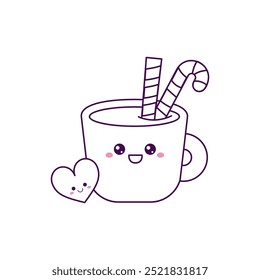 Kawaii cup with cocoa, sweets and cookies. Cute winter characters. Coloring book for children.