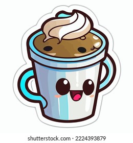 Kawaii cup of coffee vector sticker. Cute character. 
