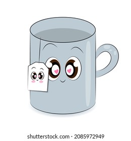 Kawaii cup cute tea cup with tea bag valentine's day card packaging decoration textile print funny characters for childrens educational books childrens illustration. Vector illustration