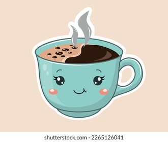 Kawaii cup of tea. Mug of coffee or other hot drink. Tasty liquid and beverage. Aroma and vivacity, energy, Traditional breakfast, good morning. Cartoon flat vector illustration