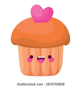 kawaii cupcake of a brown color with one heart in the top vector illustration design