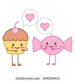 kawaii cupcake and candy smiling love cartoon