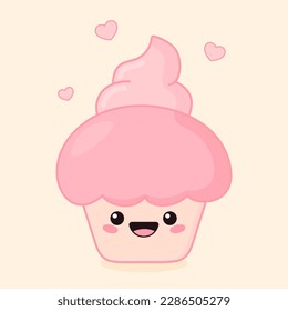 Kawaii cupcake character. Adorable sweet cake. Cute pink vector illustration.