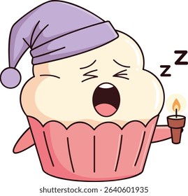 Kawaii Cupcake Characters with Sleepy Expressions and Candles – Vector Illustration