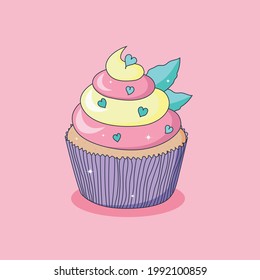 Kawaii cupcake , doodle style vector illustration