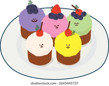 Kawaii Cupcake Illustration Set com rostos bonitos e coberturas coloridas | Arte de sobremesa vetorial