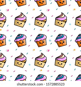 Kawaii cupcake pattern for decorative design. Colorful cartoon vector illustration. Kids holiday decoration. Funny cartoon character. Candy seamless vector pattern. Yummy sweet food. Birthday cake.
