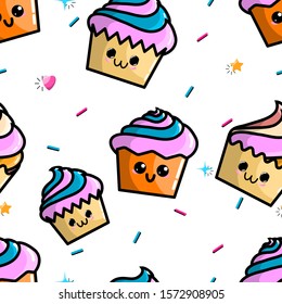 Kawaii cupcake pattern for decorative design. Colorful cartoon vector illustration. Kids holiday decoration. Funny cartoon character. Candy seamless vector pattern. Yummy sweet food. Birthday cake.