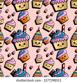 Kawaii cupcake pattern for decorative design. Colorful cartoon vector illustration. Kids holiday decoration. Funny cartoon character. Candy seamless vector pattern. Yummy sweet food. Birthday cake.