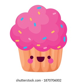 kawaii cupcake with a pink icing and chips vector illustration design