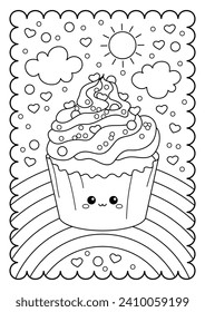 Kawaii cupcake with rainbow and clouds. Sweets, dessert. Cute coloring page for kids and adults, black and white vector illustration.