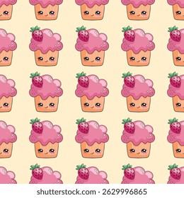 Kawaii cupcake, padrão sem costura com charmoso bolinho de doodle de morango