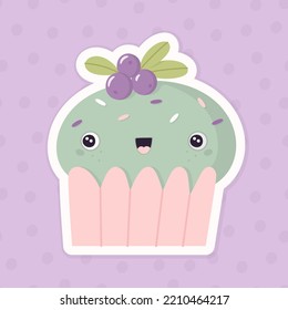 Kawaii Cupcake With Topping And Blueberry On The Top. Cartoon Vector Cake On A Polka Dot Background.