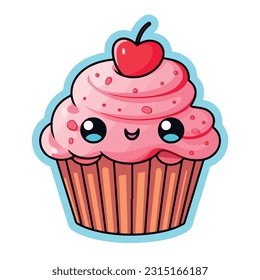 Kawaii cupcake valentine single sticker thick contour vector