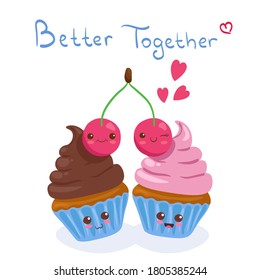 Kawaii Cupcakes with Cherries vector characters isolated on white background. Funny & smiling dessert. Cute food mascot illustration with lettering. Card, invitation, fabric print, menu decoration.