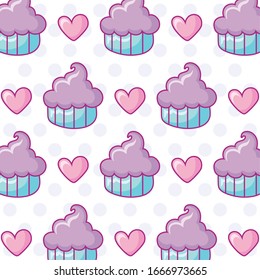 kawaii cupcakes and hearts background, colorful design, vector illustration