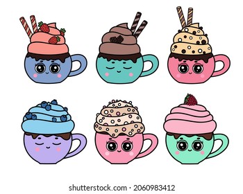 Kawaii cups. Cute cup characters with different emotions. Mugs coffee, matcha, milk, smoothie different flavors.Collection of cups with curly swirl top.Strawberry, blueberry, chocolate smoothie. 