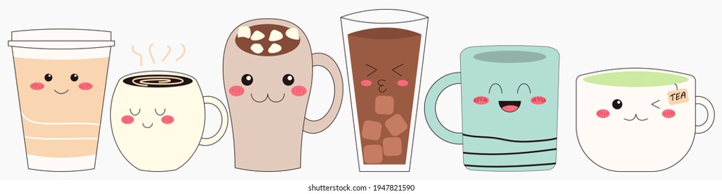 Kawaii cups. Set of cute mugs. Set of sweet icons in kawaii style with smiling face and pink cheeks. Stock vector illustration, eps 10