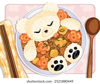 Kawaii Curry Rice Bowl com pauzinhos, colher de madeira e guardanapo. Urso feito de Rice Relaxing Curry Bowl com flor em forma de cenoura e batatas.