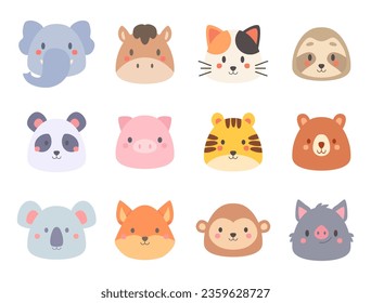 Kawaii adorables íconos animales. Ilustración vectorial de caracteres dibujados a mano aislada en fondo blanco.