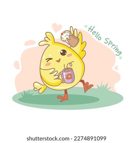 Kawaii cute animals characters card. Card of little chicken with easter cake, cup. Flat vector cartoon design with lettering.