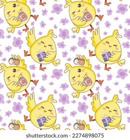 Kawaii cute animals characters pattern. Seamless pattern of little chicken sleeping on a pillow. Flat vector cartoon design.