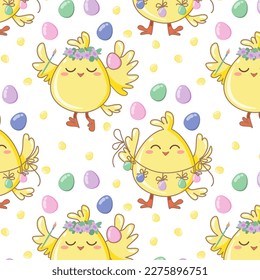 Kawaii cute animals characters pattern. Seamless pattern of little chicken with egg, garland. Flat vector cartoon design.