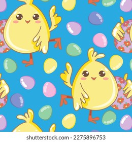 Kawaii cute animals characters pattern. Seamless pattern of little chicken with egg. Flat vector cartoon design.