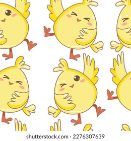 Kawaii cute animals characters pattern. Seamless pattern of little chicken. Flat vector cartoon design.