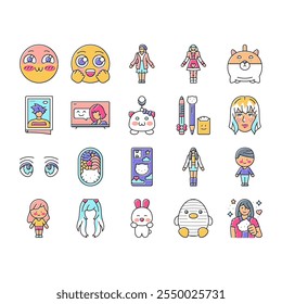 Vector de conjunto de iconos de emoticonos de anime lindo de kawaii, manga de niña, arte del arco iris, cara de juego, jugadora femenina, pegatina de caramelo, sonrisa de estrella Kawaii lindo anime emoticon ilustraciones de línea de color