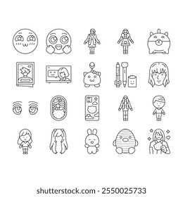 Vector de conjunto de iconos de emoticonos de anime lindo de kawaii, manga de niña, arte del arco iris, cara de juego, jugadora femenina, pegatina de caramelo, sonrisa de estrella Kawaii lindo emoticono de anime ilustraciones de contorno negro