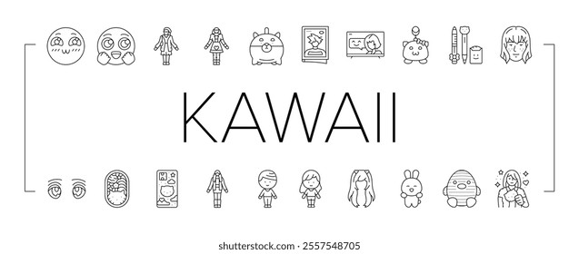 kawaii cute anime emoticon icons set vector. girl manga, rainbow art, game face, girly gamer, candy sticker, star smile kawaii cute anime emoticon black contour illustrations