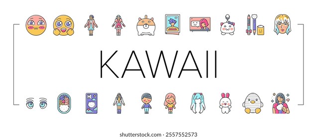 kawaii cute anime emoticon icons set vector. girl manga, rainbow art, game face, girly gamer, candy sticker, star smile kawaii cute anime emoticon color line illustrations