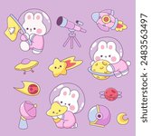 Kawaii Cute astronaut rabbit sticker elements collection.