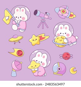 Kawaii Cute astronaut rabbit sticker elements collection.