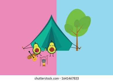 Kawaii Cute Avocado Camping Illustration Character 