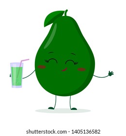 Kawaii cute avocado fruit cartoon fruit character holding a glass with juice. Logo, template, design. Vector illustration, flat style.