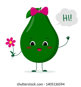 Kawaii cute avocado fruit cartoon character with a pink bow holding a flower and welcomes. Logo, template, design. Vector illustration, a flat style.