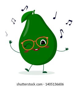 Kawaii cute avocado fruit cartoon character in glasses dances to music. Logo, template, design. Vector illustration, a flat style.