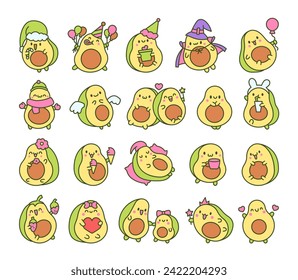 Kawaii cute avocado with funny faces. Cartoon happy food characters. Hand drawn style. Vector drawing. Collection of design elements.